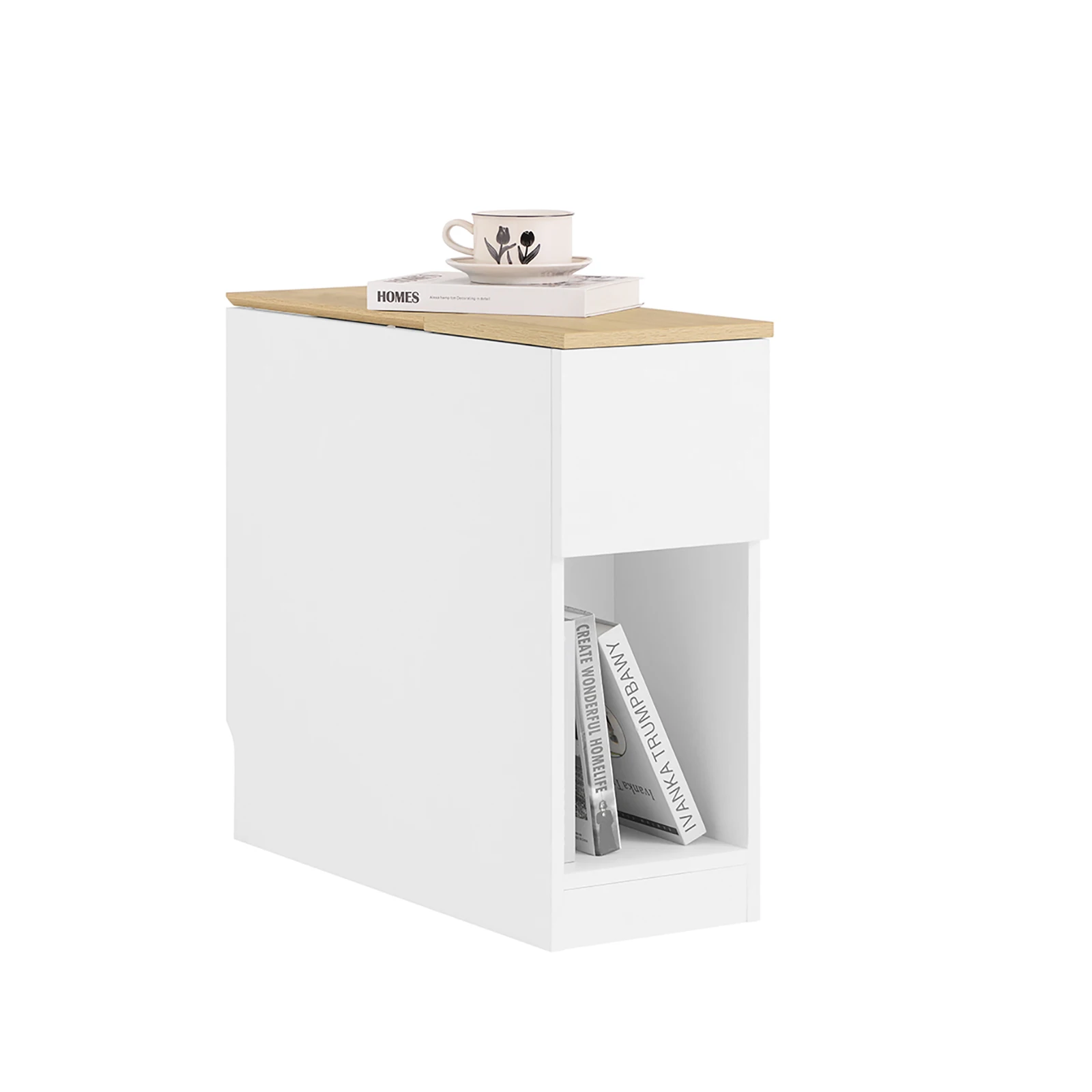 SoBuy FBT162-WN Mesita de noche con estante de almacenamiento y cajones Mesita de noche que ahorra espacio para espacios pequeños Blanco y natural