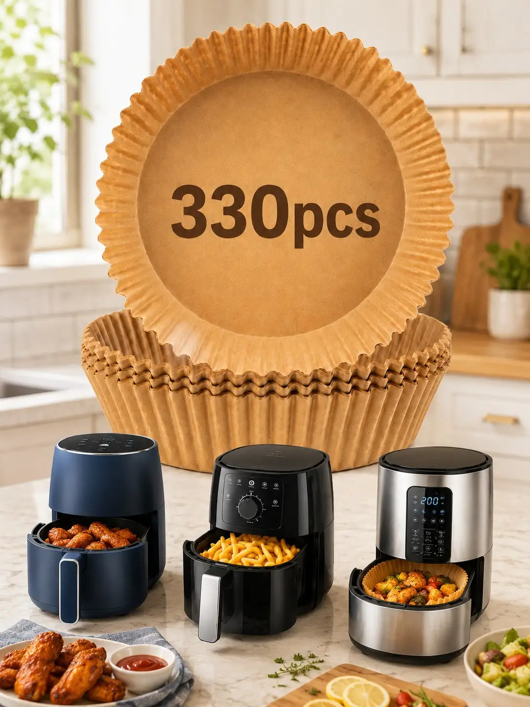 330PCS Round Air Fryer Paper Liners, Disposable Unbleached Parchment Paper Liners For 3-5 QT Air Fryer Baskets, Pre-Cut Non-Stick Oil-Resistant Cooking Paper, Christmas New Year Holiday Supplies For Baking, Roasting, Fries, Wings And Easy Cleanup