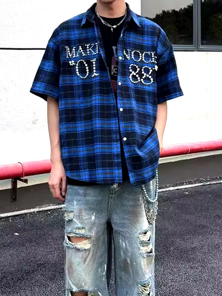 

Streetwear Men's Shirts Vintage Turn-down Collar Plaid Printed Shirt Short Sleeve Button-up Cardigans Men Pearl Patchwork Shirt