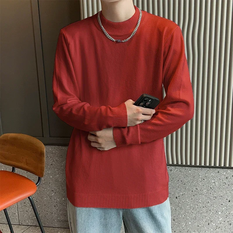 Korean Mock Neck Pullover Sweater Men Casual Solid Color Autumn Winter Warm Mens Sweaters High Quality Pullovers Sweater for Men