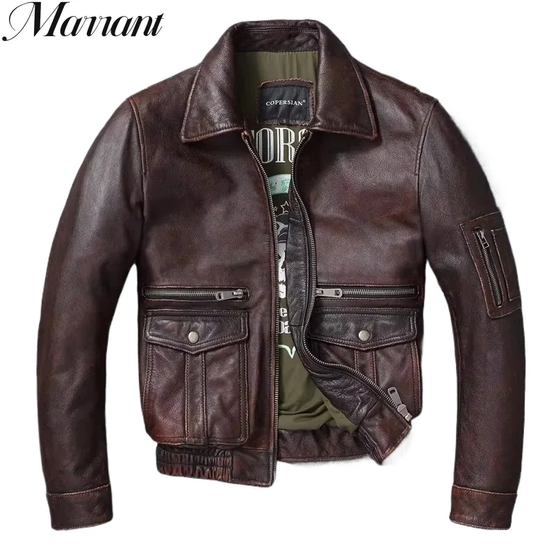 

Men's Genuine Leather Jacket Vintage Stone Milled A2 Brown Men's Calfskin Motorcycle Jacket Top Layer Cowhide Bomber Jacket