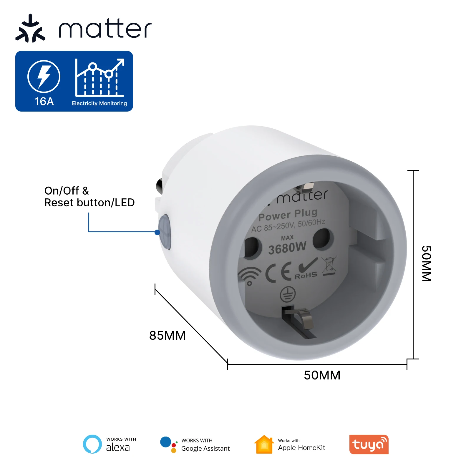 Matter Wifi Smart Plug with 16A Power Monitor EU/France Home Appliance Outlet Socket Works with Tuya Homekit Alexa Google Home