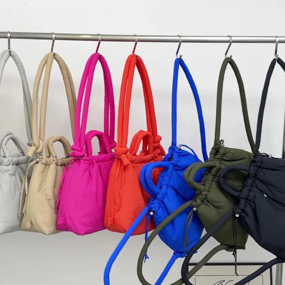 Korea Solid Shoulder Bag Nylon Knotted Strap Filled Cotton Bag Tote Bag Backpack Casual Large Capacity Portable Crossbody Bag