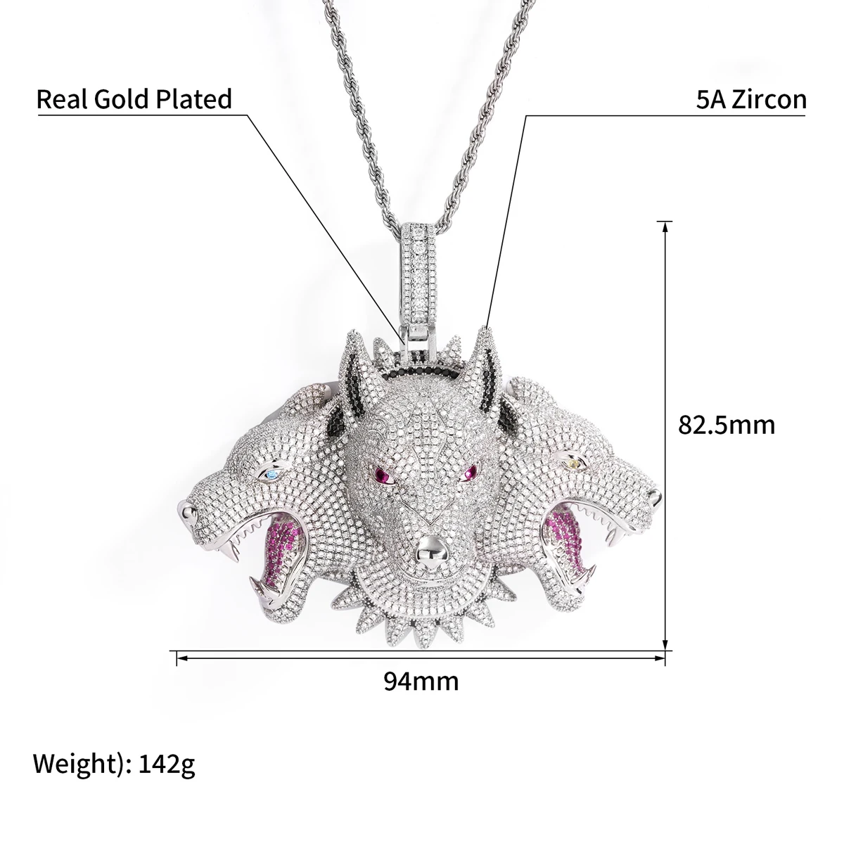Iced Out Three Headed Cerberus Pendant 18K Gold Plated Cubic Zirconia Hip Hop Necklace For Men Full Pave Sparkle Zircon Stones Bling Charm Street Rap Jewelry Wolf Sculpture Unisex Accessory Club Party Daily Wear Unique Gift For Rapper Streetwear Fans