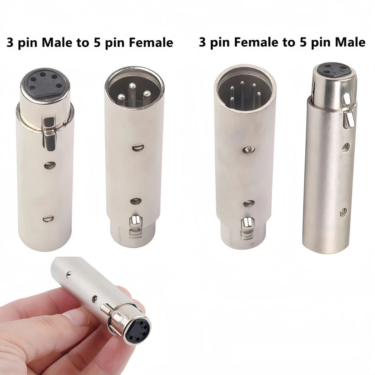 Metal Cased Converter， 3Pin XLR to 5Pin DMX Adapter， Silver Audio Lighting Connector for DJ & Studio Equipment