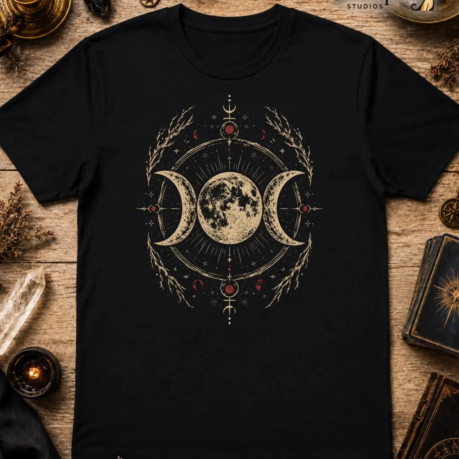 Triple Moon Lunar Goddess Pagan T Shirt Witchy Divine Feminine Black XS 5XL vintage Washed Top For Everyday Wear Stylish Casual