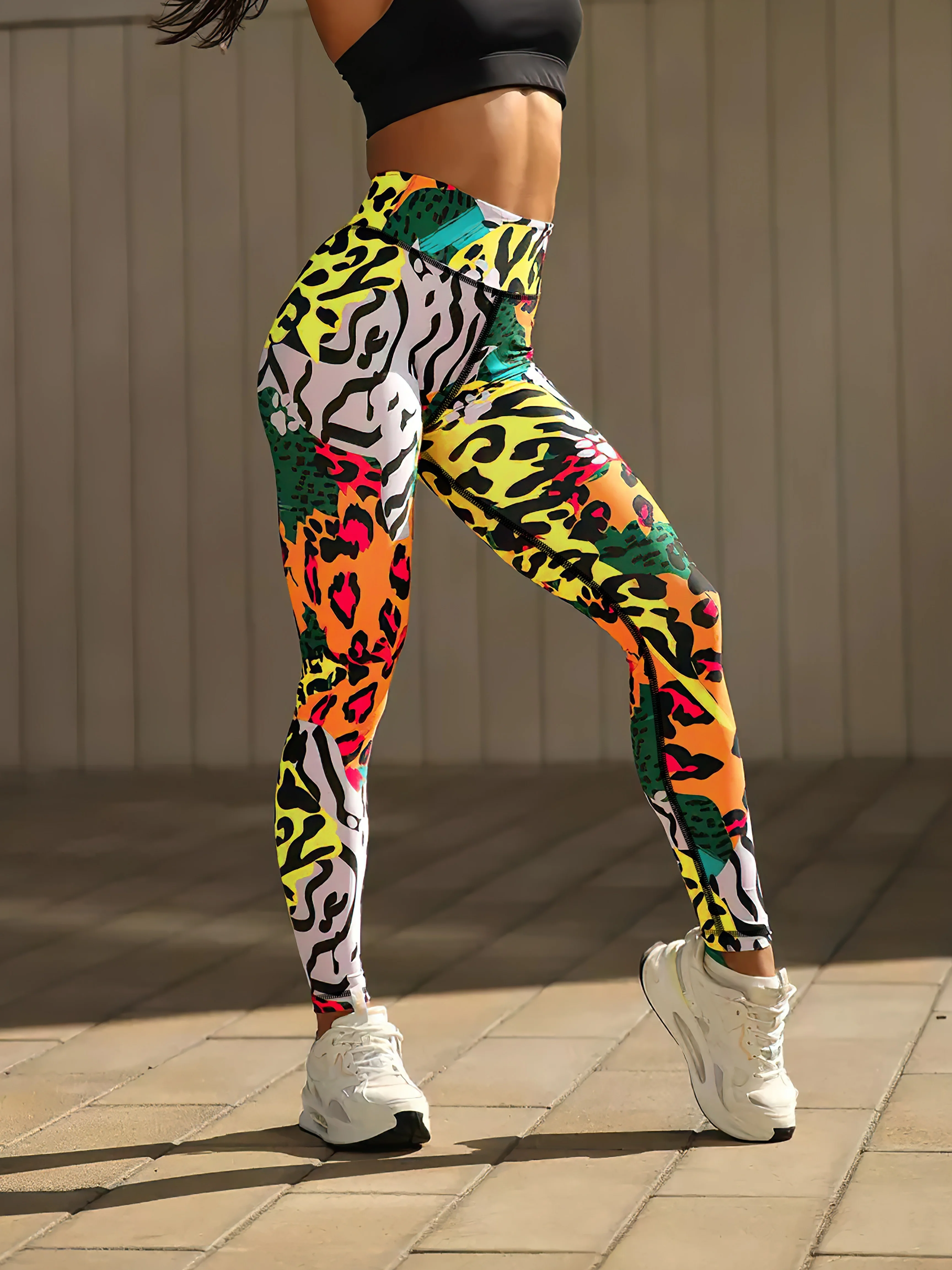 Women's Mid‑Rise Fleece Lined Leggings Color Block Leopard Print Stretch Slim Warm Ladies Sports Fitness Pant