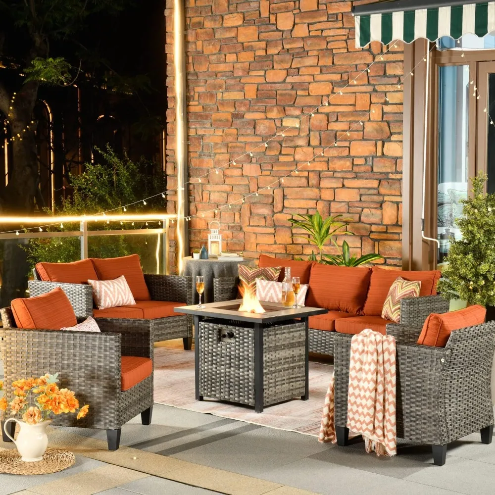 patio furniture set outdoor conversation sofa 5 piece set 50000 BTU Gas Propane Fire Pit Table in Grey Wicker Orange Red