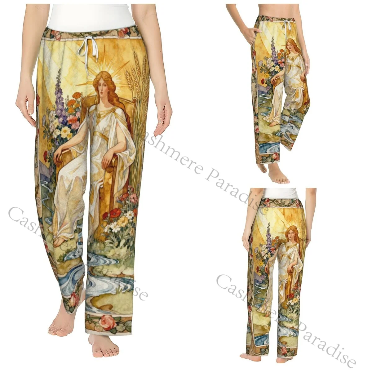 

Goddess Abundance Nature Art Nouveau Watercolor Women Sleep Pants Warm Flannel Lounge Pants for Winter Nights