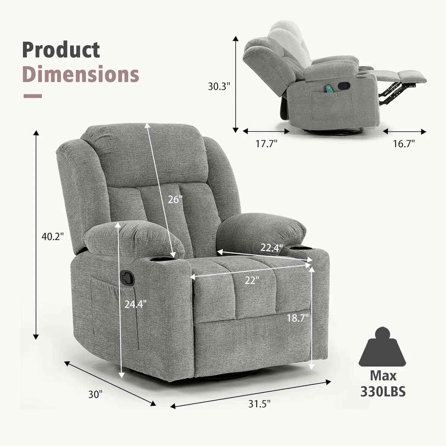 Adult rocking chair recliner, large manual recliner with massage and heating functions, soft cushion fabric (lime gray)