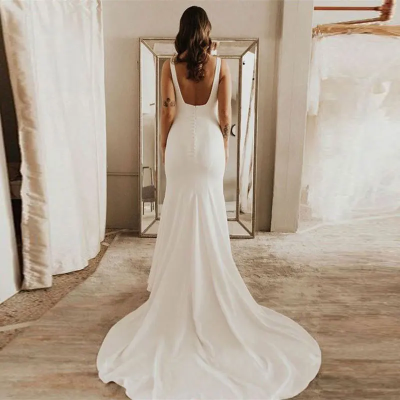 Customized Mermaid Boat Neck Women Wedding Dresses Simple Backless Court Train Bridal Gowns Vestido De Noiva robe de mariée