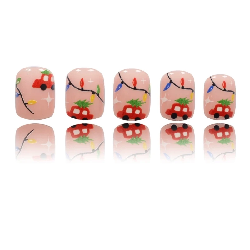 Christmas False Nails Short Square Press On Nails Cartoon Car on Nails E1YF