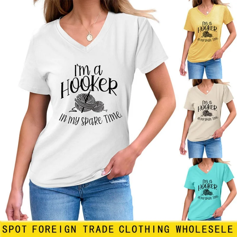 

Женская футболка с V-образным вырезом в американском ретро-стиле, с короткими рукавами, подходит для лета, свободного кроя, повседневная, с эффектом похудения.