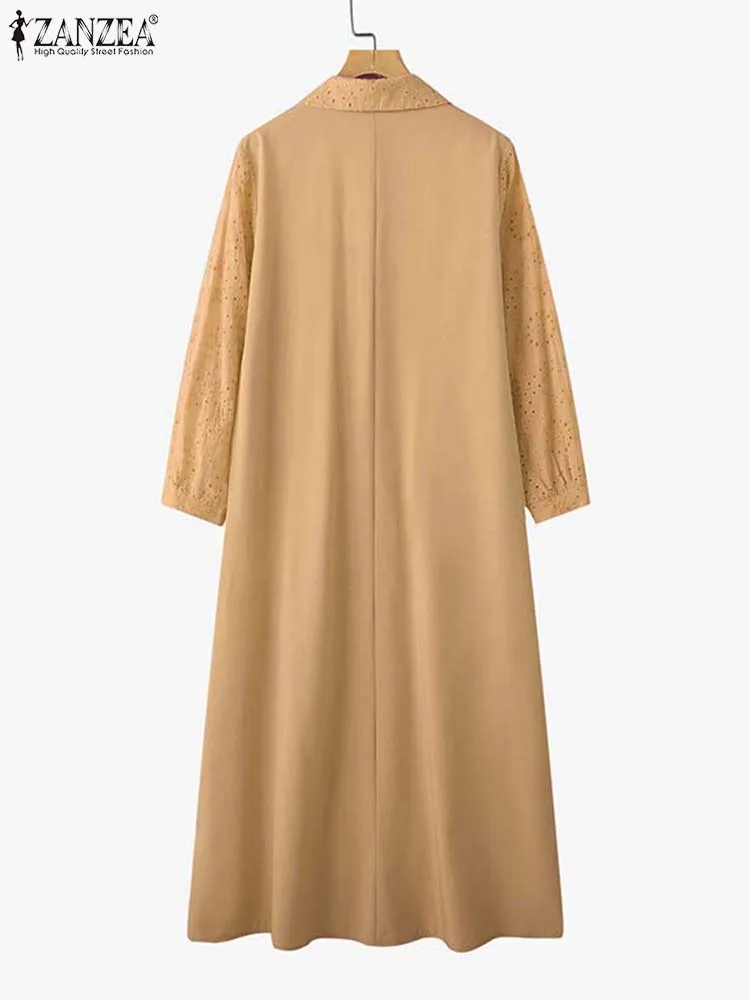 ZANZEA-vestido de encaje de verano para mujer, vestido veraniego plisado informal liso de algodón, corte en A, bata a media pantorrilla, Vestidos Vintage con cuello vuelto 2025