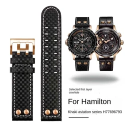 For Hamilton Khaki Aviation Series H77696793 77616533 Carbon Fiber Leather Watch Strap with Rose Gold Rivet Wrist Band 22mm