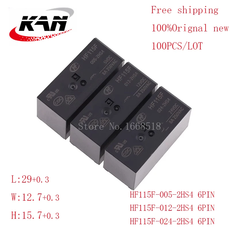 

Free shipping 100pcs relay HF115F-005-2HS4 HF115F-012-2HS4 HF115F-024-2HS4 5VDC 12VDC 24VDC 8A 250VAC 6PIN Original New