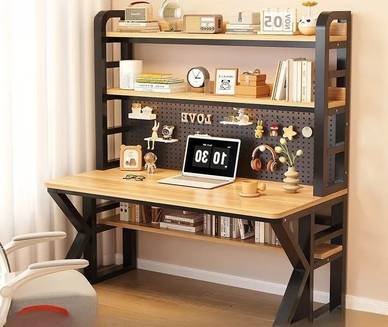 Desk bookshelf integrated hole board household children's study table junior high school learning writing table solid wood compu