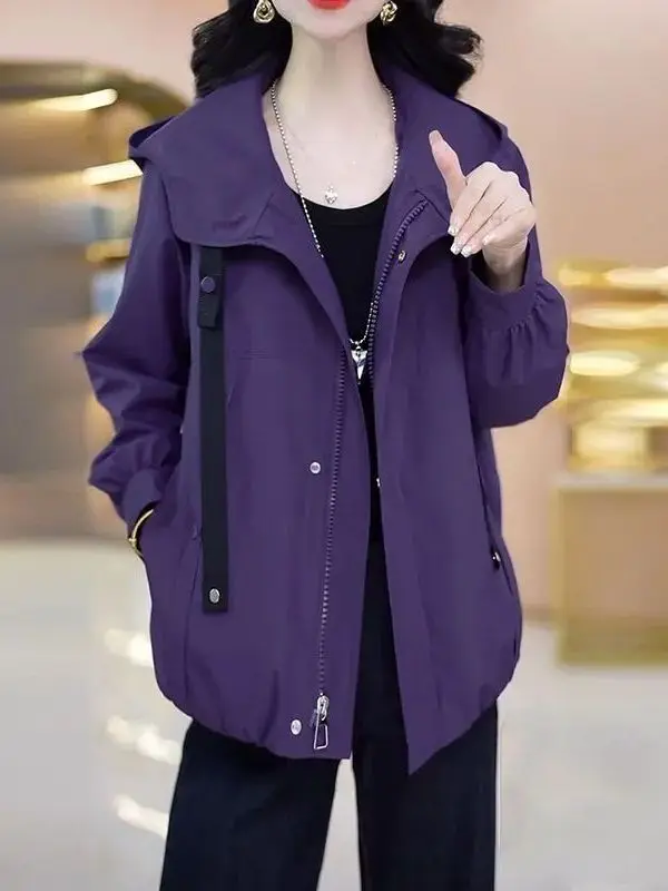 

Женская свободная куртка Ele 2025: Новинка осенне-зимнего сезона, повседневная модная модель с капюшоном, универсальная, стройнящая, фиолетового цвета, из полиэфирного волокна