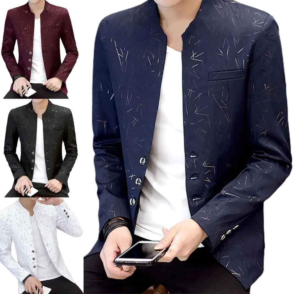 2024 Men Casual Spring Autumn Stand Collar Blazers Youth Handsome Trend Slim Vintage Print Blazer Suit Thin Jacket for Business