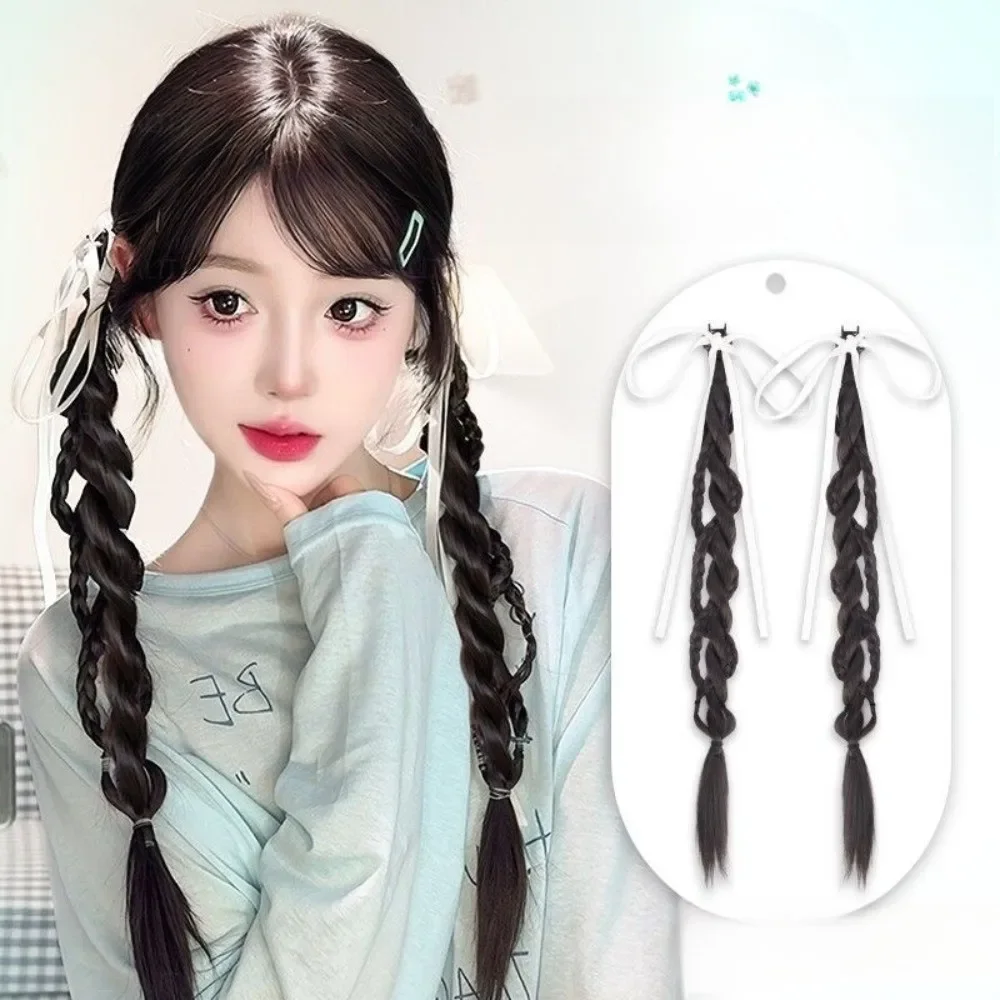 

2pcs New Chinese Bowknot Ribbon Synthetic Braided Wig Clip Double Ponytail Braids Hair Extension