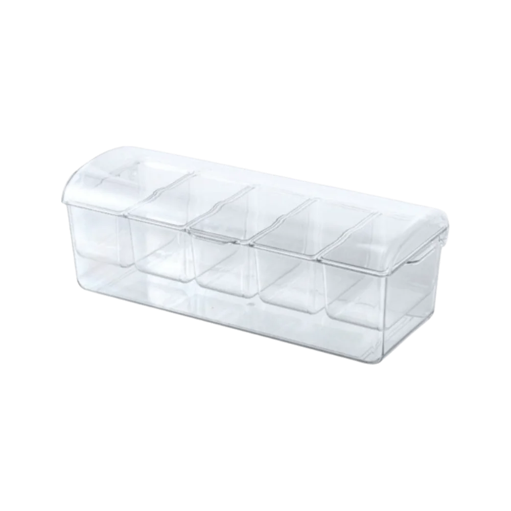 

Removable Chilled Condiment Server Tray Clear Dispenser Fresh Box 5 Compartment Serving Bowl Entertaining Plastic Food Container