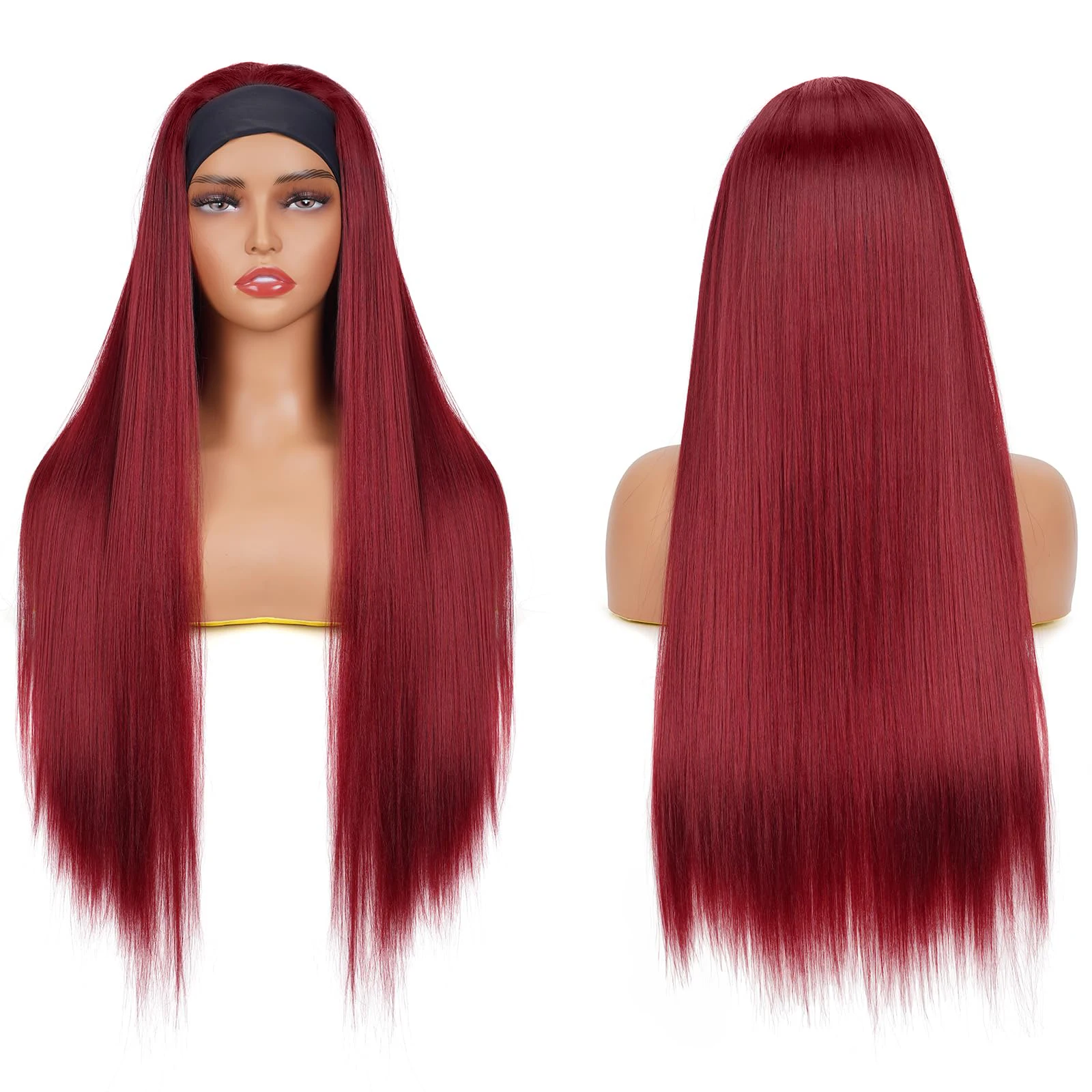 99J Burgundy Colored Wig With Band Bone Straight Headband Wig 100% Human Hair Wine Red Full Machine Made Wig Beginners-Friendly