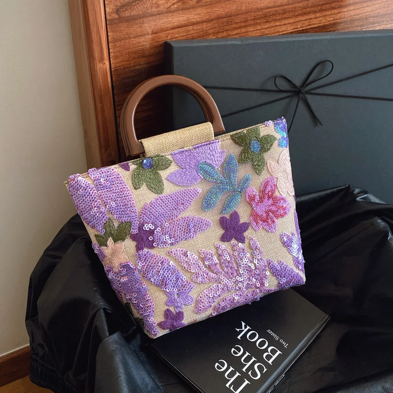 

2026 New Bamboo Knot Handbag with Upgraded Texture, Colorful PVC Sequins, Linen Embroidery Handheld Bag