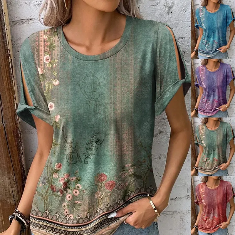 Short Sleeve T Shirt Women Casual Loose Fit Round Neck T Shirts Floral Print Vintage Floral Ethnic Pattern Tee Oversized