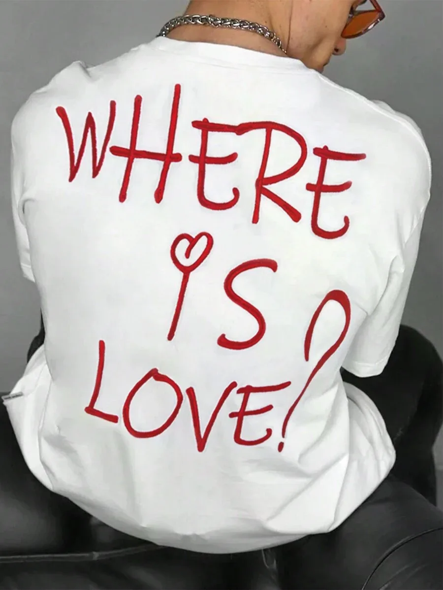 Men Summer Letter & Heart Print Round Neck Casual Short Sleeve T-Shirt, Street Wear, For Rapper, For Going Out