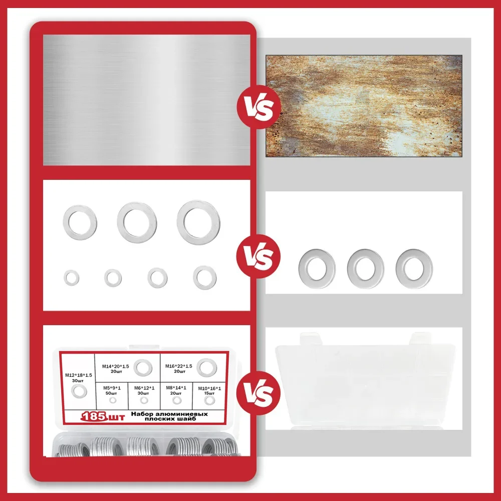 ชุดแหวนรองอะลูมิเนียมแบบแบน 185 ชิ้น ขนาด M5 M6 M8 M10 M12 M14 M16 สำหรับงานประปา ซ่อมรถยนต์ และบำรุงรักษาเครื่องจักร