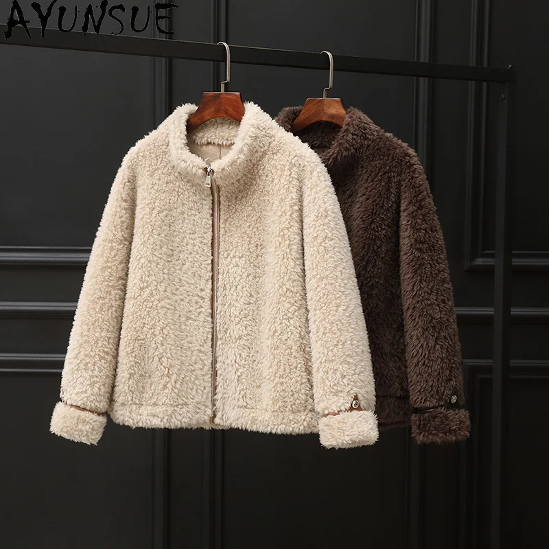 AYUNSUE 100% Real Wool Coat Women Grain Sheep Shearling Jackets Woman Short Style Autumn Clothes Composite Fur Пальто Женское