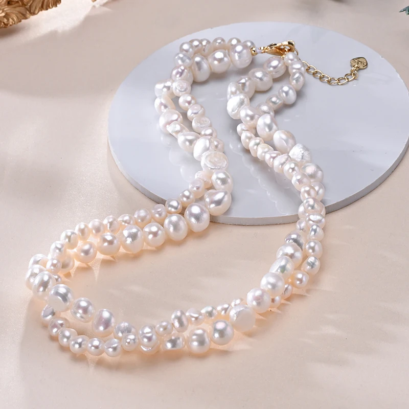 

HENGSHENG Baroque Freshwater 5-6mm 8-9mm White Pearl Double Necklace 925 Sterling Silver Trendy Jewelry Gift for Women Girls