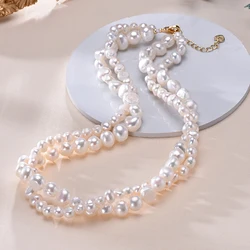 HENGSHENG Baroque Freshwater 5-6mm 8-9mm White Pearl Double Necklace 925 Sterling Silver Trendy Jewelry Gift for Women Girls