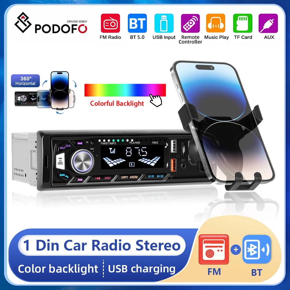 Podofo 1din Car Mp3 Player In-Dash Car Radio Stereo Digital Bluetooth Audio Music FM Player USB/AUX-IN with Mobile Phone Holder