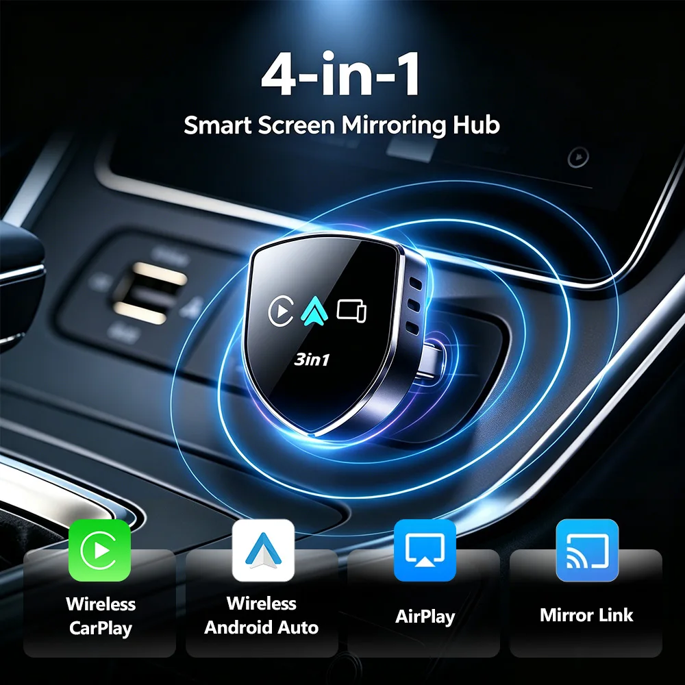 2026 Upgrade 4-in-1 Wired to Wireless CarPlay Android Auto Adapter with Screen Mirroring ios CarPlay/Android Auto/Mirroring