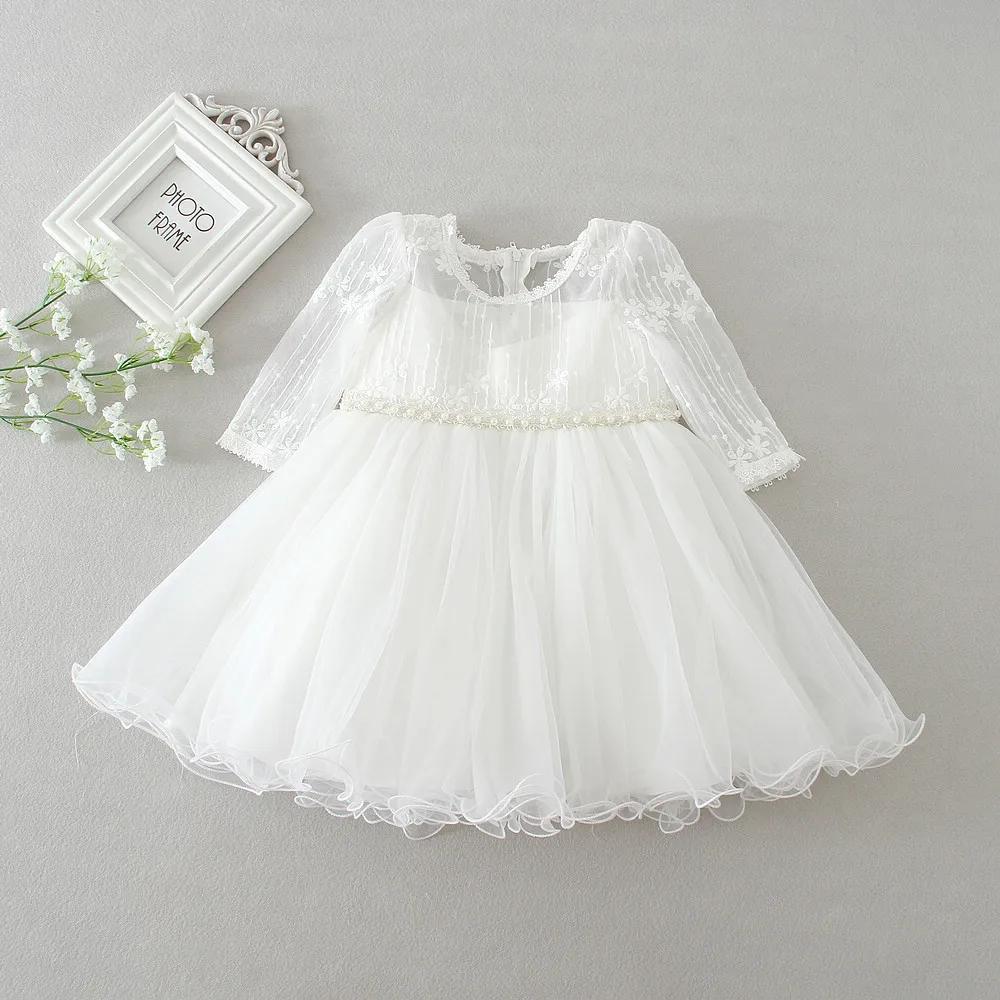 0-24 Months Long Sleeve Baby Girl Dress Infant Toddler Birthday Party Dress Little Girls White Wedding Dress Baptism Dress