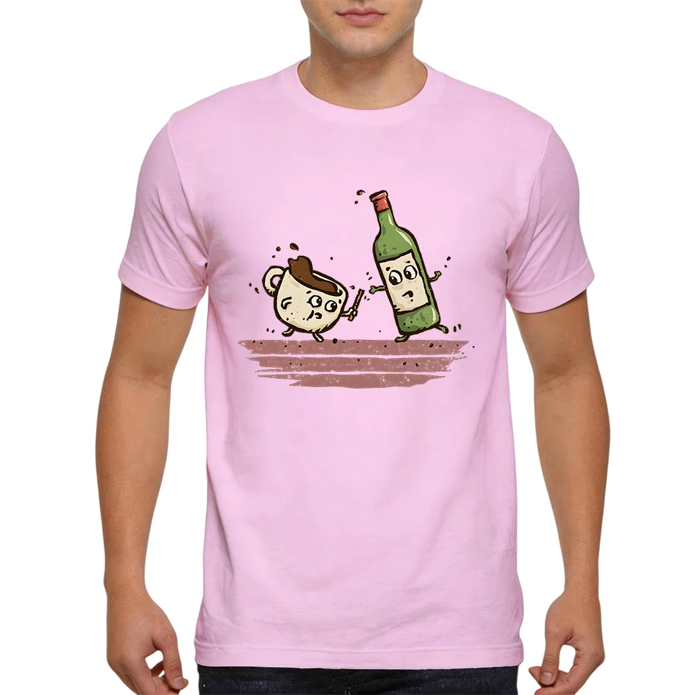 New Summer Mens 100% Cotton T Shirt Funny Cartoon Coffee Cup And Wine Bottle Fight Print Breathable Short Sleeve Daily Wear