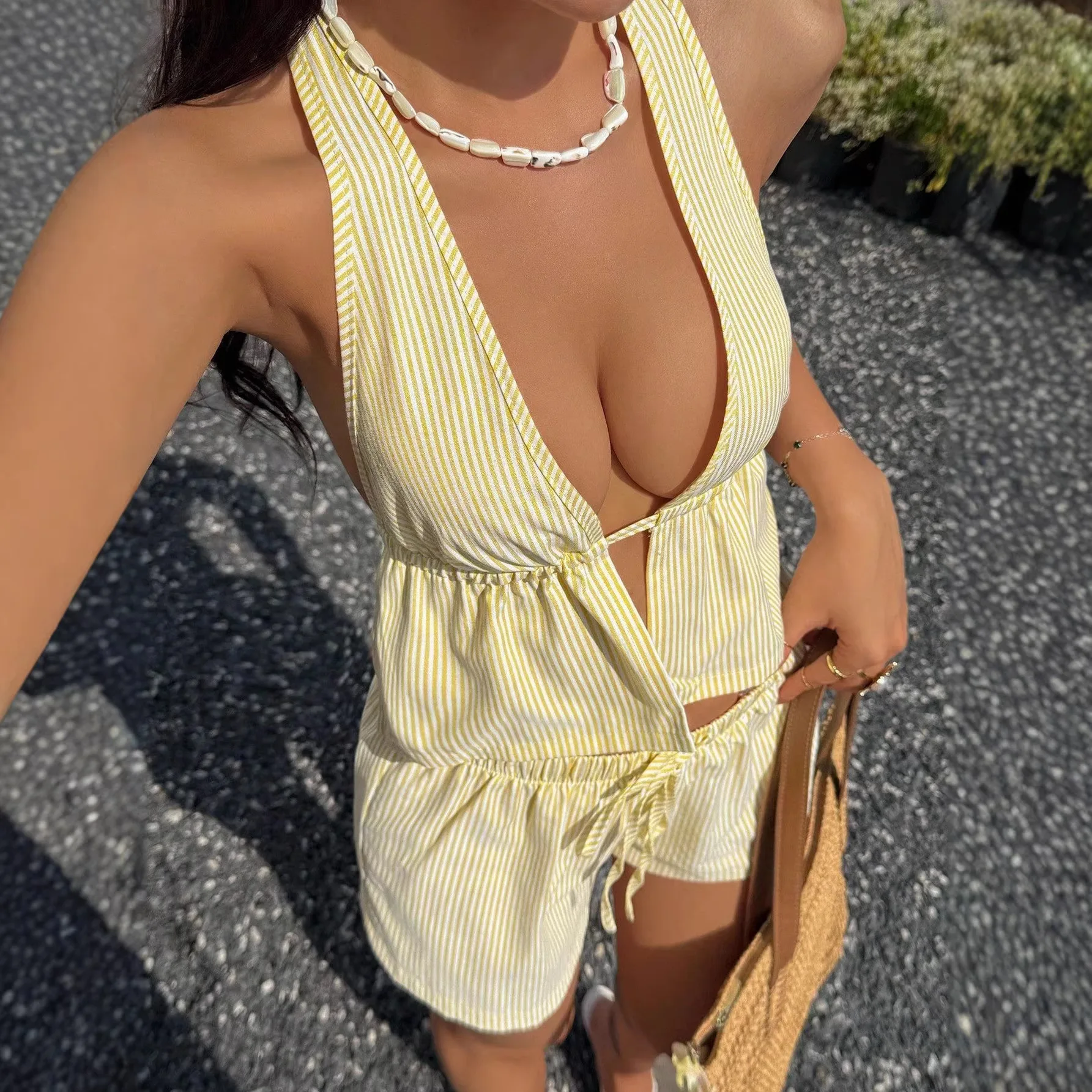 2026 European American striped print New women's fashion Lace up slim fit hanging neck sleeveless top Elegant chic shorts sets