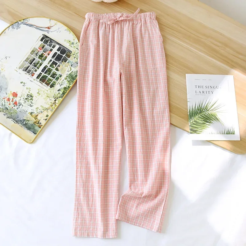 2025 Spring/Summer New Couple Sleeper Pants 100% Cotton Gauze Couple Pants Thin Simple Checkered Home Pants Cute Bottoms