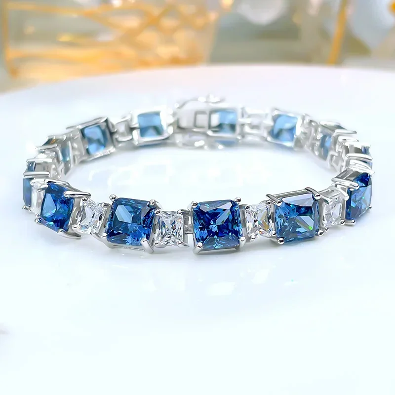 

Fashion Light Luxury Colored Diamond Princess Square 925 Sterling Silver Set High Carbon Diamond Bracelet Wedding Jewelry