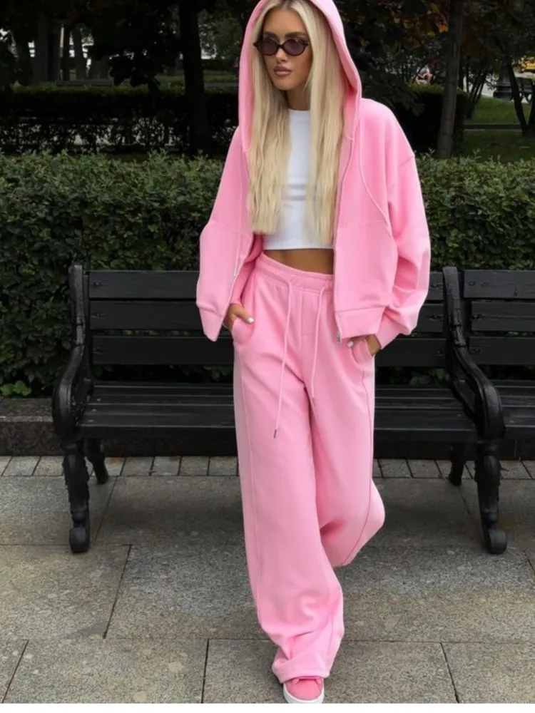 

Autumn Winter New Zipper Hooded Sporty Cardigan Women's Set Fashiona Casual Loose Lace-up Long Pants Two-piece Set Female 2025