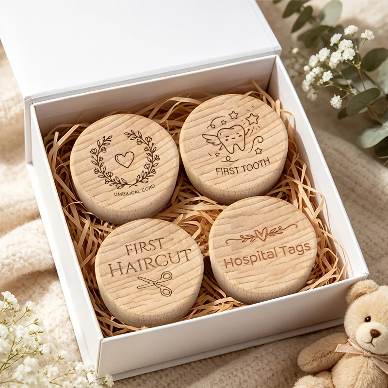 Set Four Newborn Tooth Hair Memory Chest Adorable Baby Footprint Design Infant Milk Teeth Organizer Box Parents Safeguard