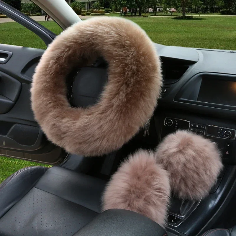 3Pcs Plush Steering Wheel Cover Set, Soft Faux Sheepskin Warm Fluffy Protector, Winter Auto Interior Decoration for Ladies