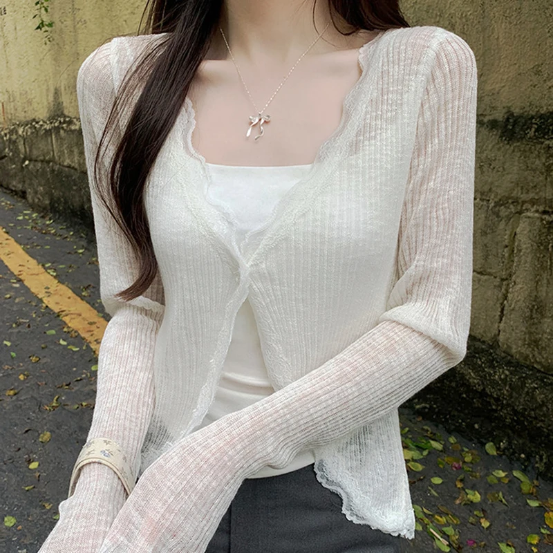 

Прозрачный вязаный кардиган с кружевной отделкой, с длинными рукавами, на пуговицах, укороченный топ для женщин, весна-лето 2026, в стиле коттеджкор, бохо-шик