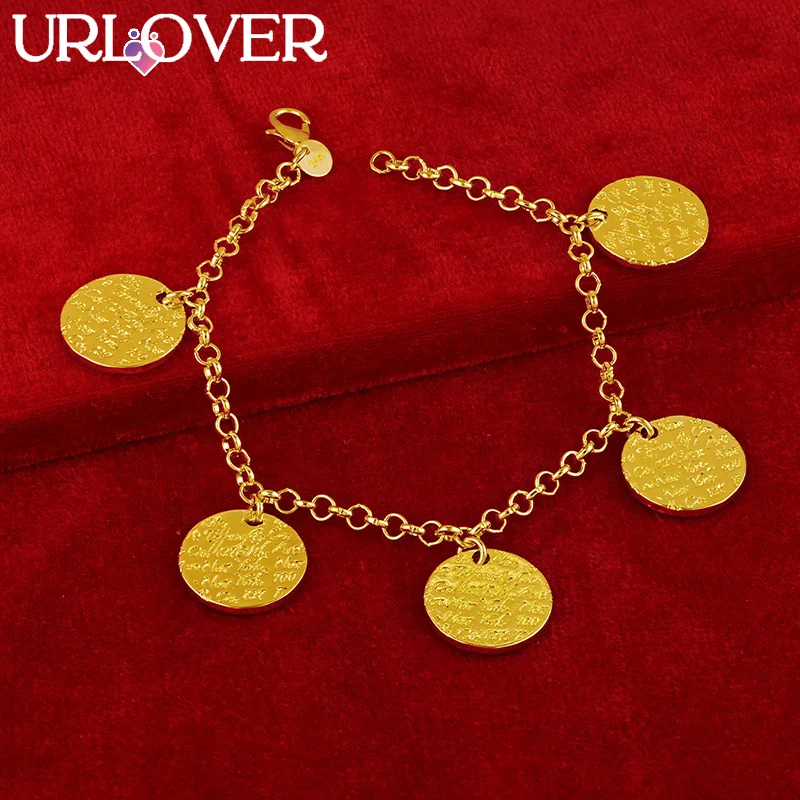 

URLOVER 24K Gold Bracelet For Woman Round Carve Charm Bracelets Birthday Noble Wedding Shiny Engagement Fashion Charm Jewelry