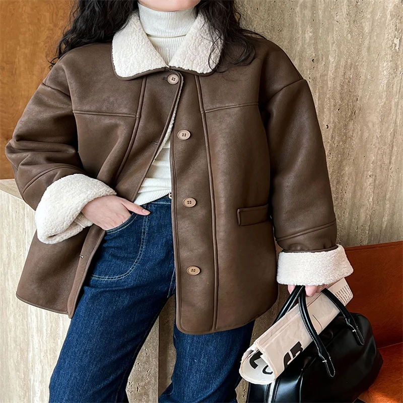 

Retro high-end feeling leather integrated lamb plush women's jacket Korean style lapel motorcycle leather jacket C51