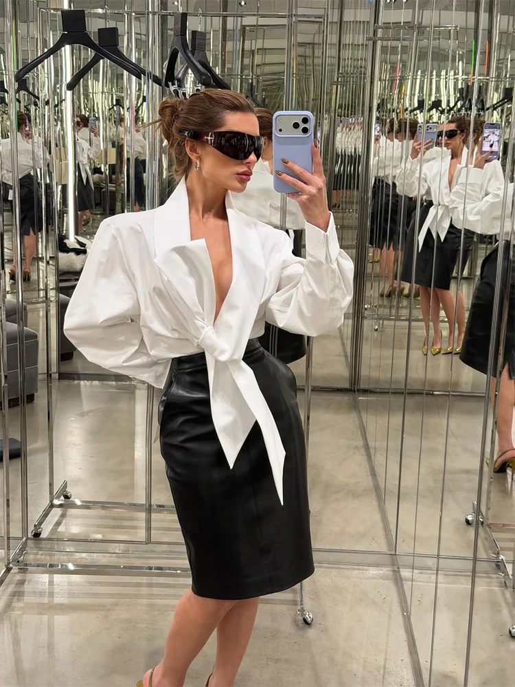 

Solid Tie Front Knot Blouse Women Elegant Deep V-neck Puff Sleeves Loose Cropped Shirt 2026 Summer Lady Commute Street Shirts