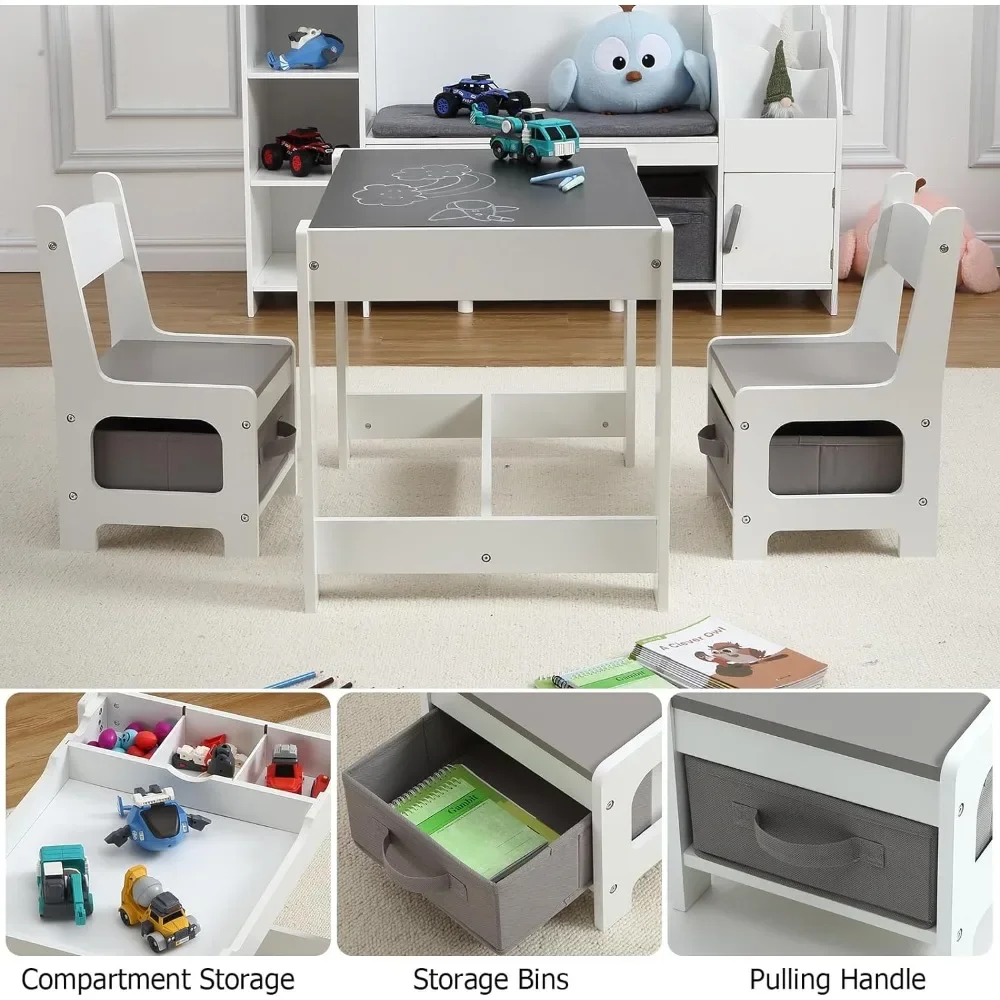 table set, 3-in-1 kids activity table with storage, detachable tabletop, chalkboard, 3-piece toddler furniture set