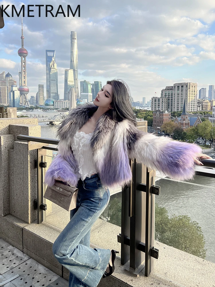 KMETRAM معاطف فرو الكلب الراكون الطبيعي 100% ملابس أنيقة متدرجة للنساء 2025 سترة شتوية قصيرة للنساء
