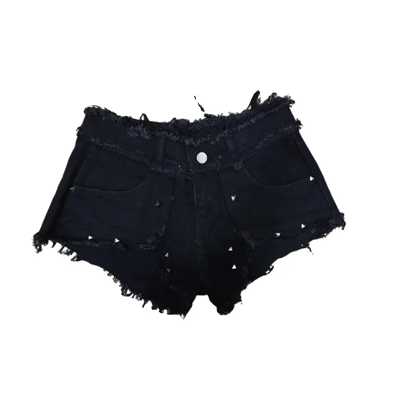 Denim Shorts American Girl Y2K Millennium Style Low Waist Slimming Short Jeans Women's Black A-Line Fringed Hot Pants Trendy view 5